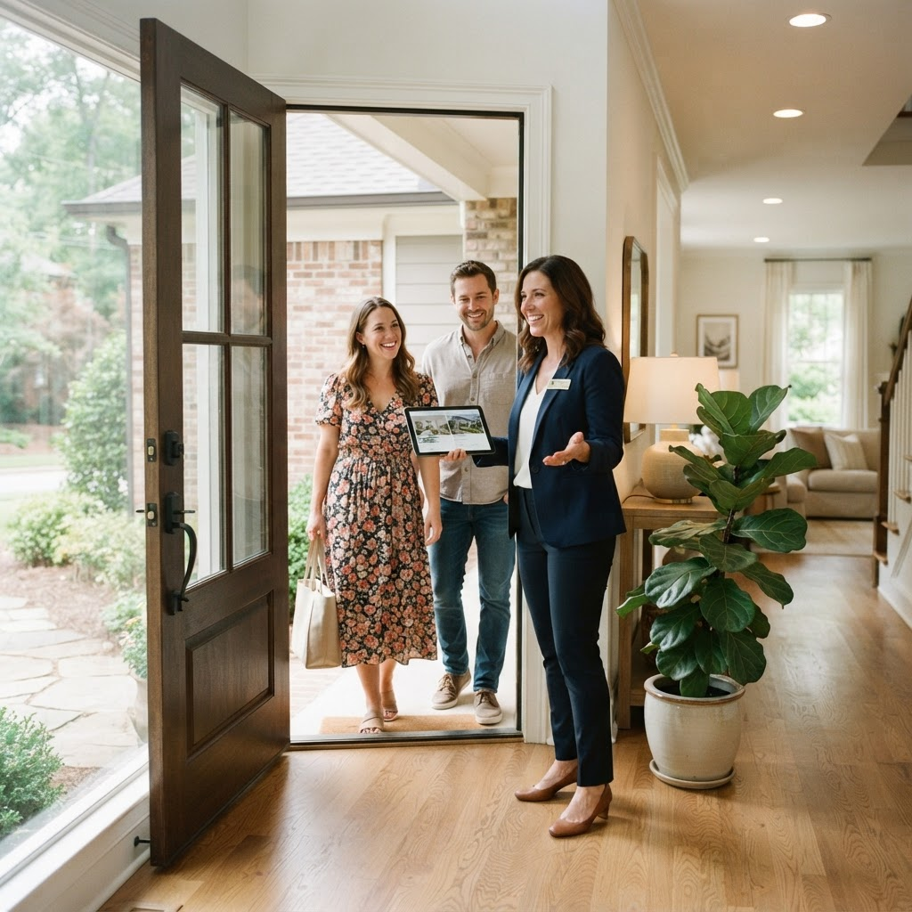 A local broker welcoming clients at the front door of a home